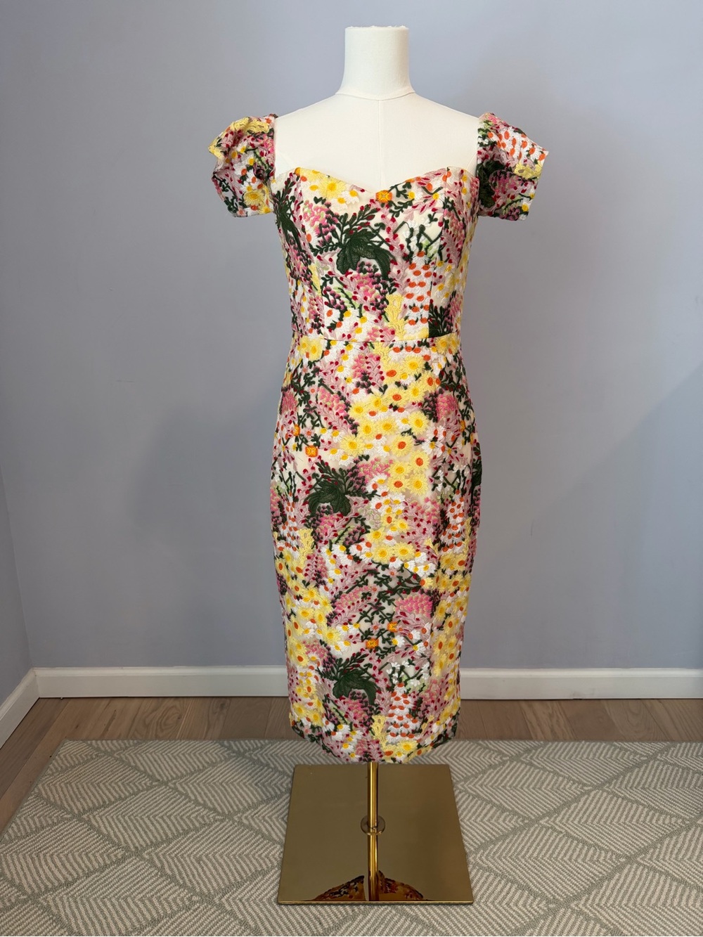 Dress the Population Yellow and Pink Floral Sweetheart Midi Dress